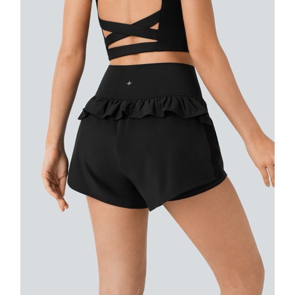 Halara Breezeful High Waisted Ruffle Contrast Mesh Yoga Shorts Black Small